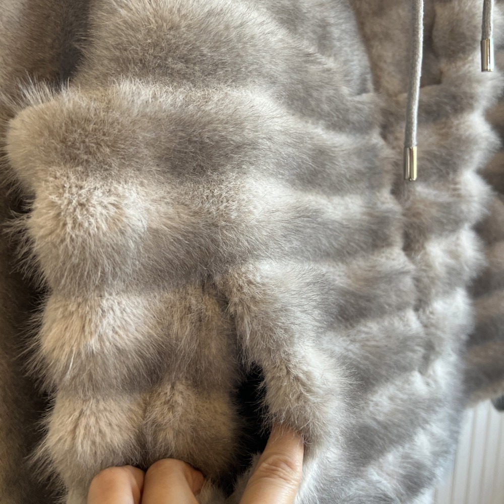 Grey Faux Fur Ribbed Half Zip Hoodie Pullover Jacket Silver Gray Plush Coat - Picture 3 of 10